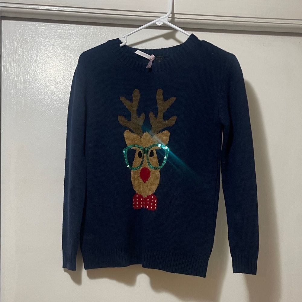 Navy Reindeer Sweater with sequins glasses size extra small
